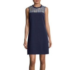 Blue Sleeveless Sheath Mini  KARL LAGERFELD PARIS
Floral Embroidered Shift Dress